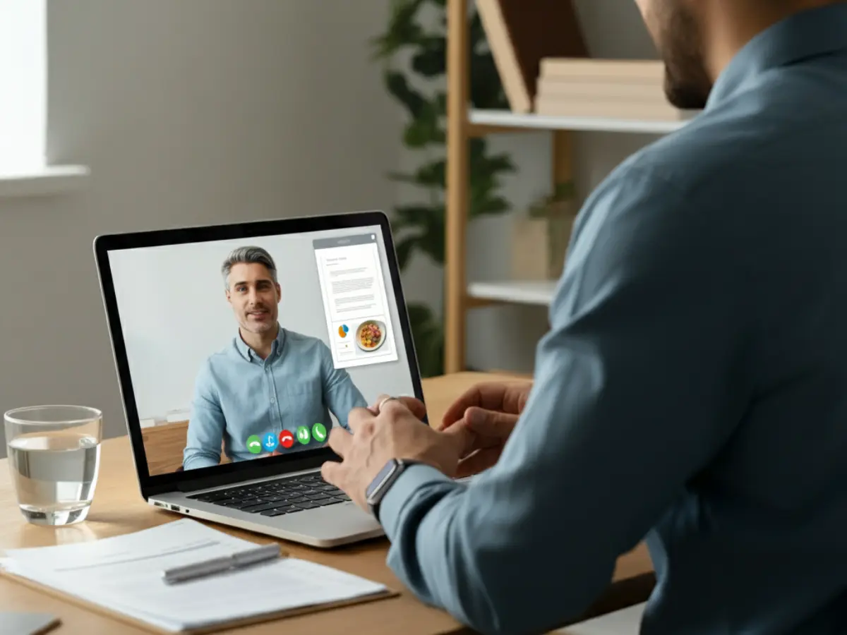 مدرب يتحدث مع عميل عبر Zoom خلال جلسة استشارية غذائية