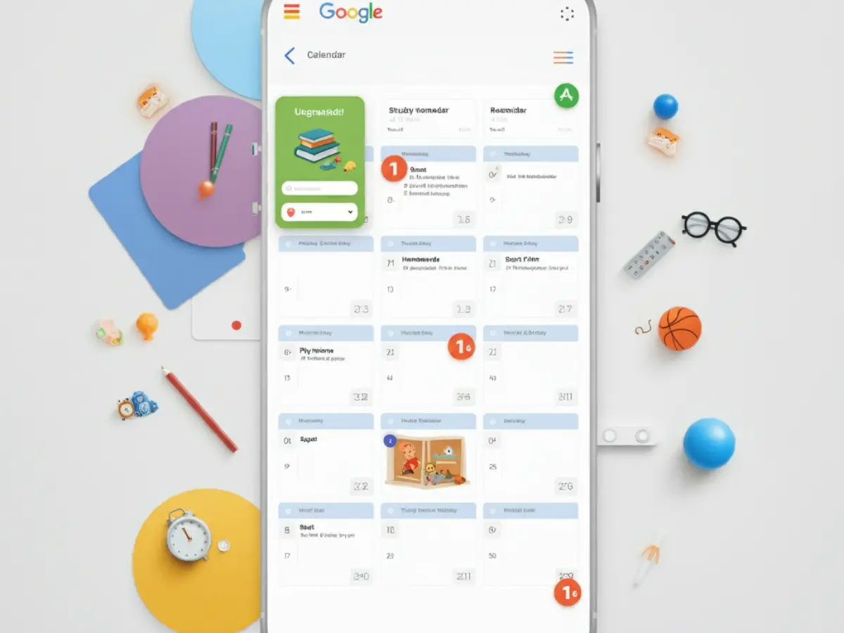 واجهة Google Calendar تعرض جدول طفل يتضمن الدراسة والأنشطة الترفيهية