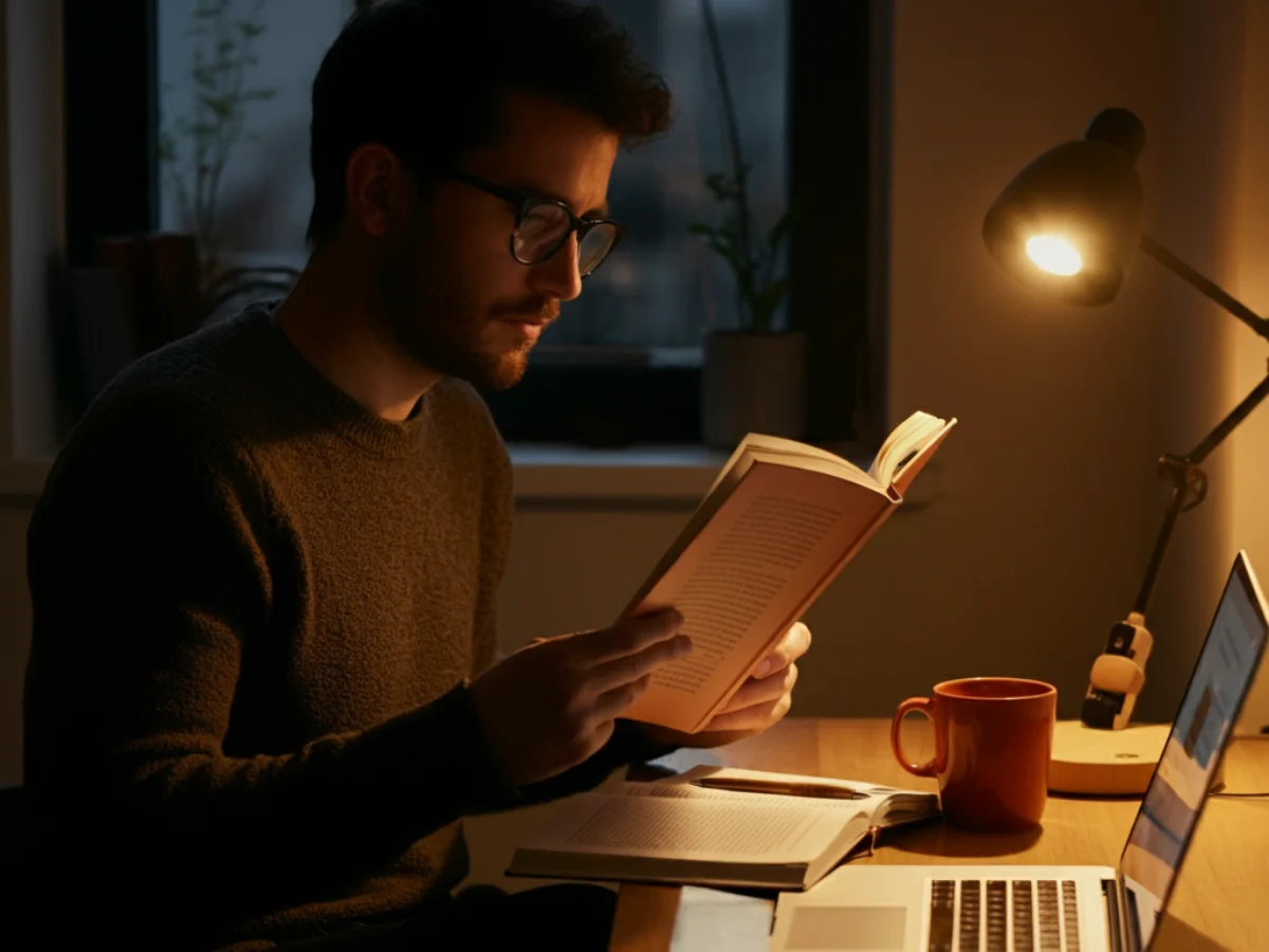 رائد أعمال يجلس على مكتب أو في زاوية مريحة، يركز بعمق على قراءة كتاب في تطوير الذات.