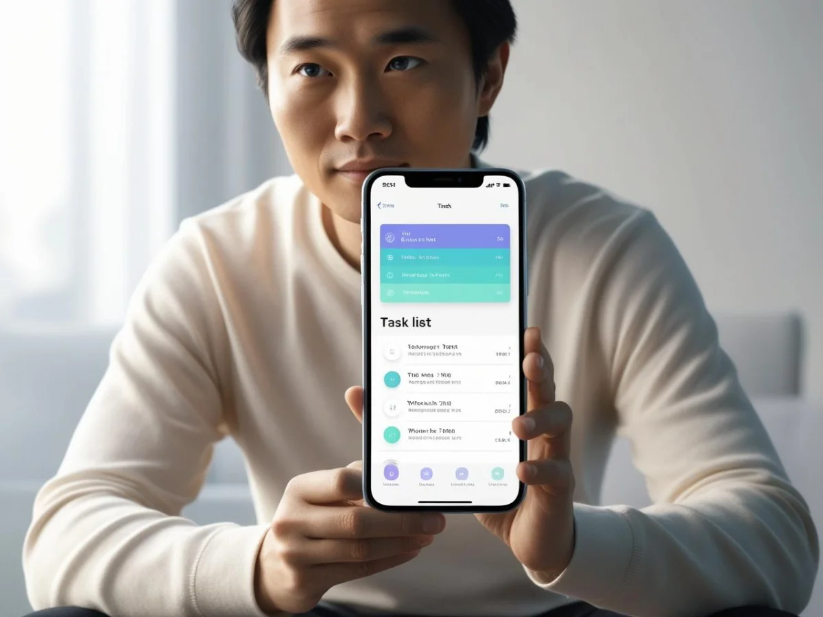 شخص ينظر إلى شاشة هاتفه مع واجهة تطبيق لإدارة الوقت وتظهر المهام