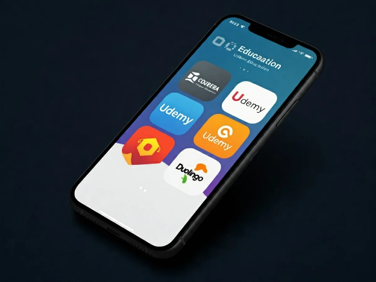 شاشة هاتف تعرض أيقونات لتطبيقات تعليمية مثل Coursera وUdemy وDuolingo