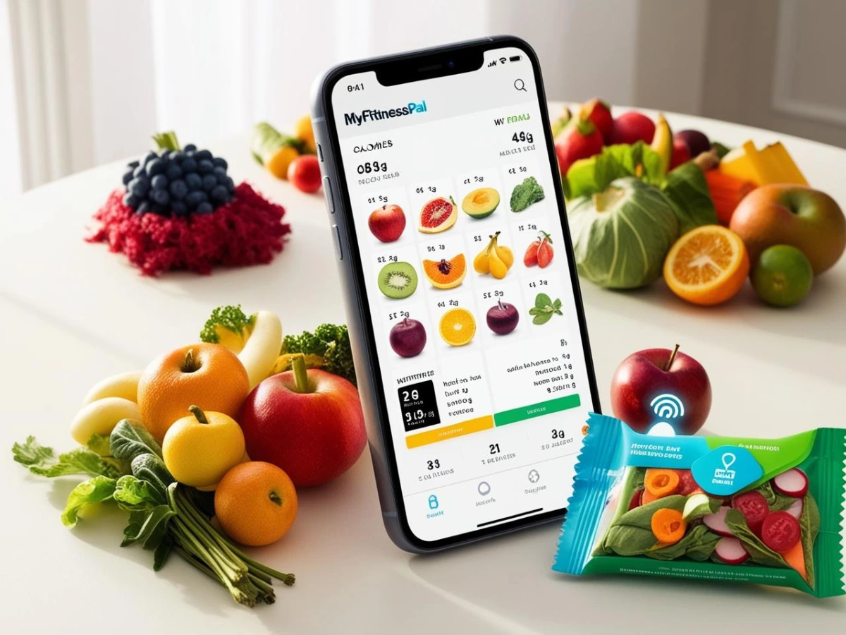 صورة تطبيق MyFitnessPal تعرض شاشة الهاتف مع أطعمة صحية مثل الخضار والفواكه