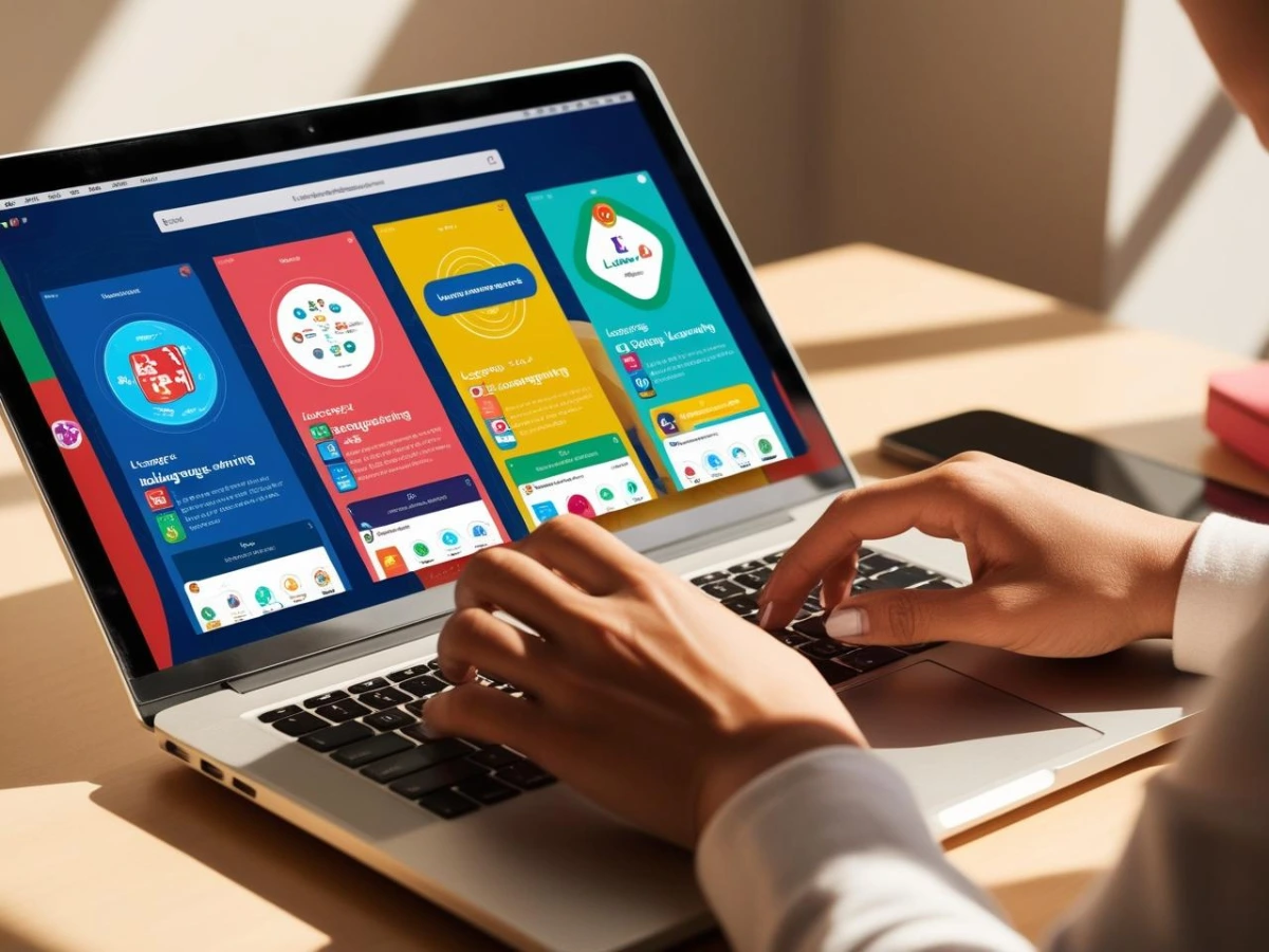 شخص يستخدم لابتوب مع فتح عدة تطبيقات لتعلم اللغات