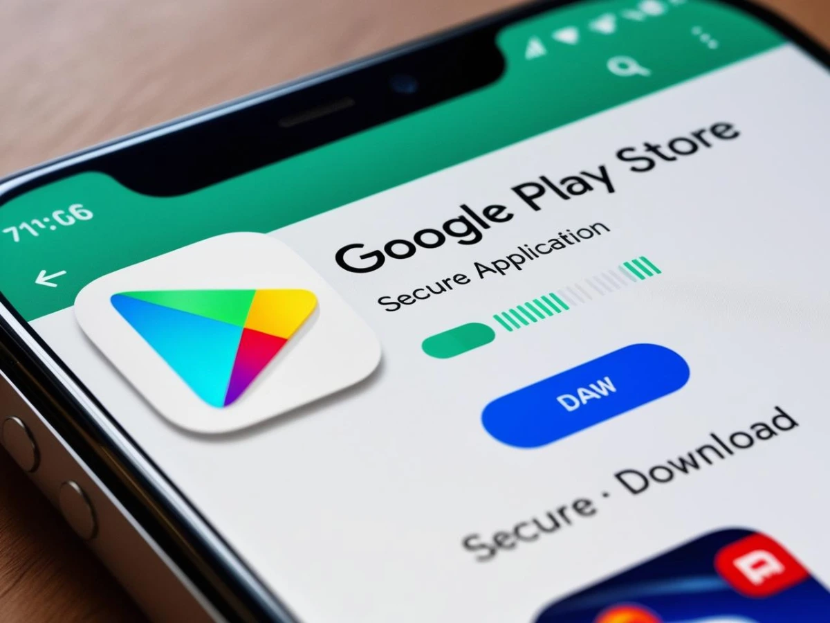 شاشة هاتف تعرض متجر Google Play أثناء تنزيل تطبيق آمن