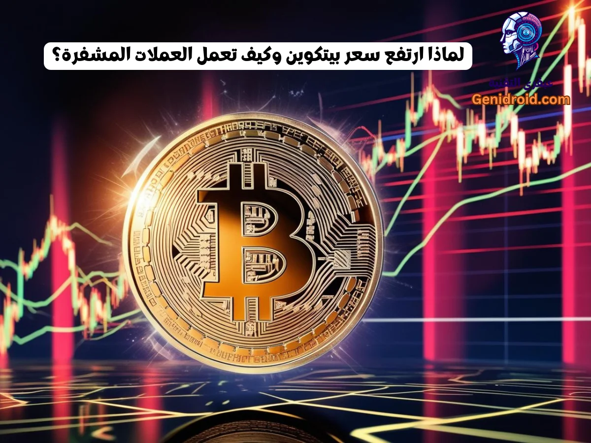 صورة لعملة بيتكوين تظهر بشكل بارز مع الرسم البياني الذي يوضح الارتفاع في السعر.