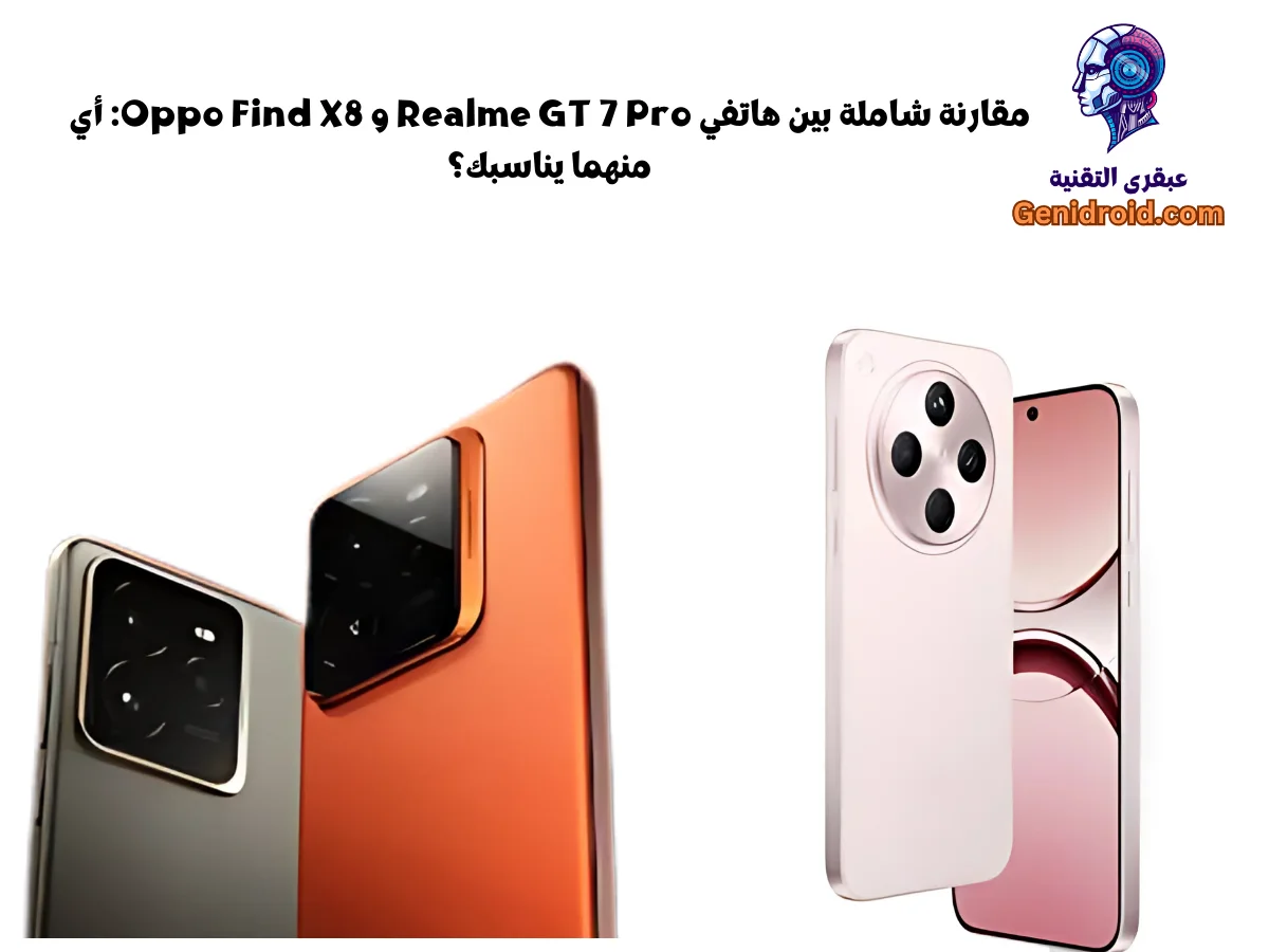 صورة واقعية لهاتفي Realme GT 7 Pro و Oppo Find X8 موضوعين جنبًا إلى جنب مع التركيز على تصميم كل منهما وألوانه.