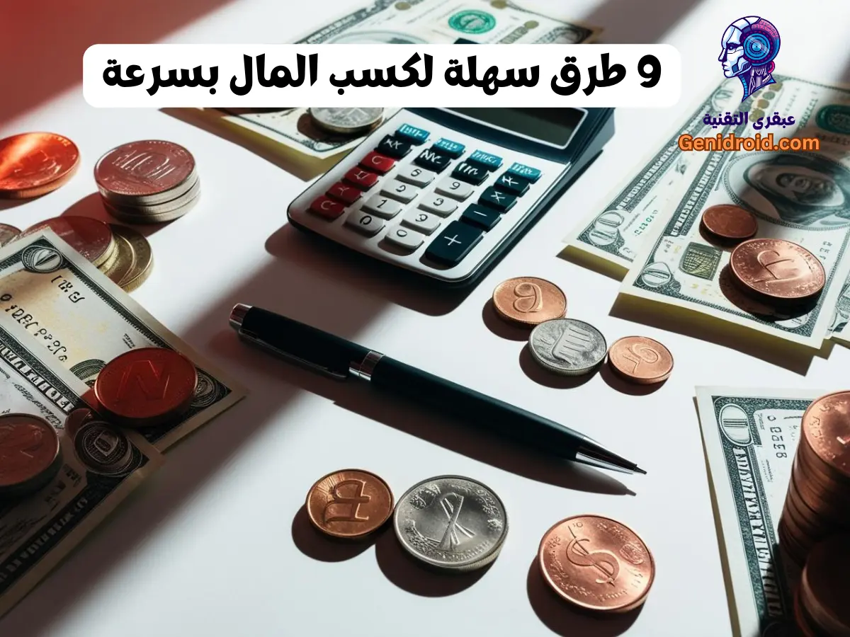 مجموعة من العملات المعدنية والورقية مُرتبة بشكل مرتب على خلفية بيضاء نظيفة مع وجود بعض أدوات العمل مثل قلم وحاسبة.